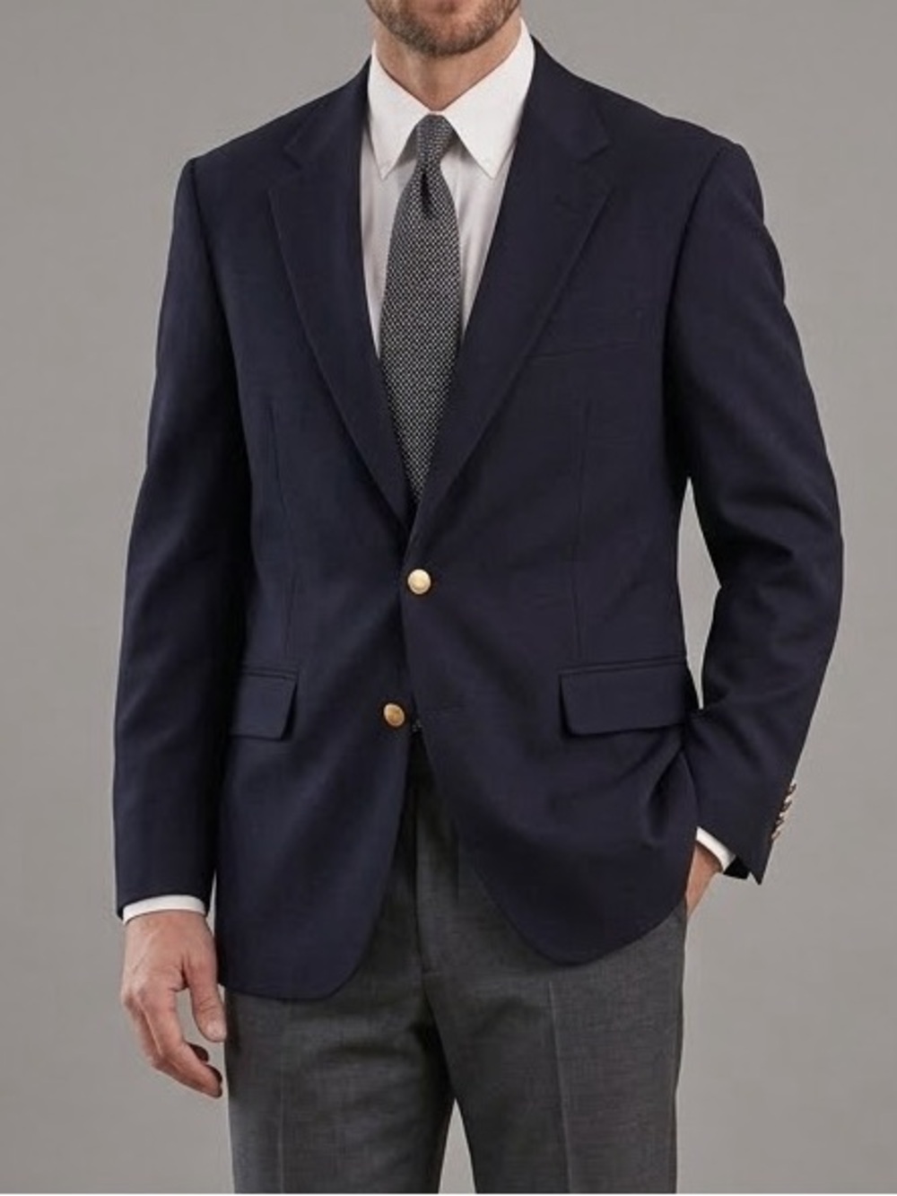 Vintage Robert Stock Navy Wool Blazer Gold Crest Buttons Size 46 46R